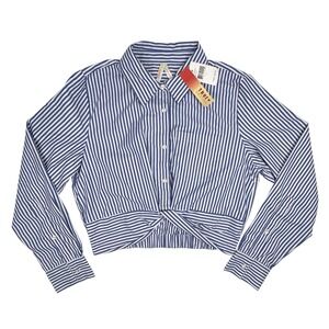 True Destiny Sz Large Striped Cropped Top Shirt Blouse Front Center Twist Blue